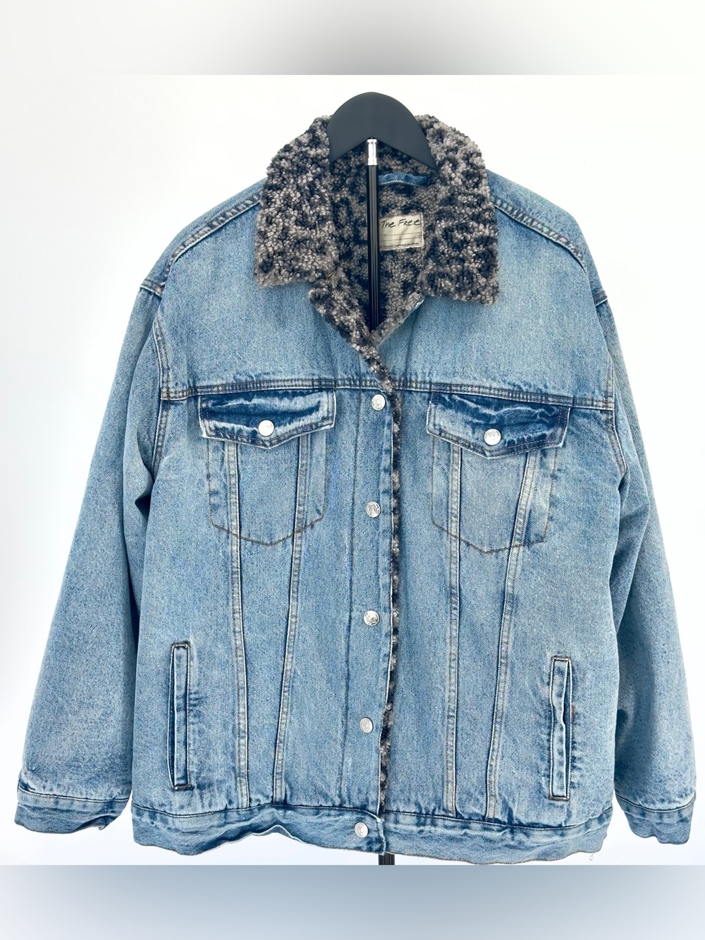 We The Free Light Blue Denim Jacket with Gray Sherpa Collar